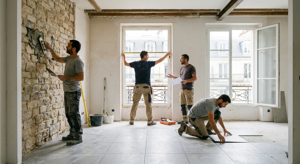 Photographie réelle en couleurs montrant 3 à 4 artisans qualifiés travaillant ensemble sur un chantier de rénovation intérieure : un maçon réparant un mur, un menuisier mesurant une ouverture de fenêtre, et un carreleur posant du carrelage au sol. Ils doivent être en tenue de travail professionnelle, concentrés sur leurs tâches respectives. L'ambiance doit être celle d'une collaboration productive et organisée sur un chantier de rénovation, montrant les différents corps de métier intervenant ensemble sur un même projet.