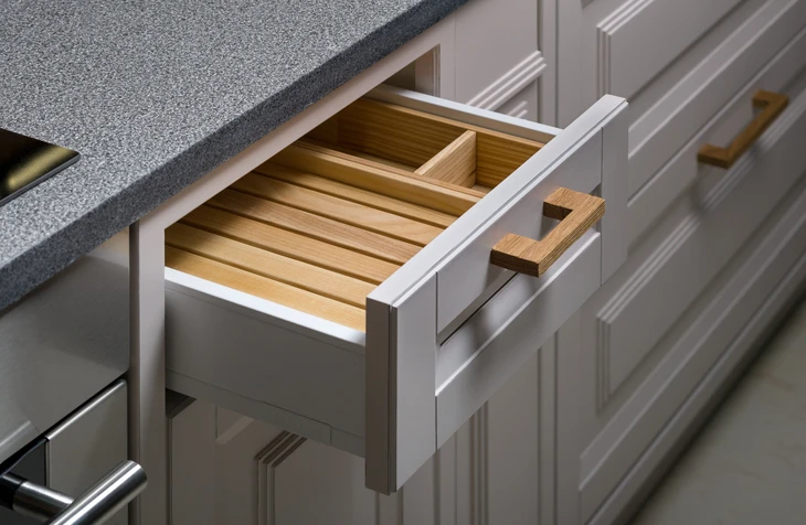 Ouvrier en uniforme gris installant des éléments de cuisine blanche dans un intérieur résidentiel moderne