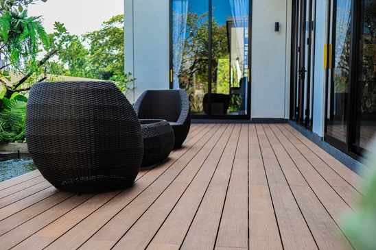 Construction of a wooden terrace in a garden