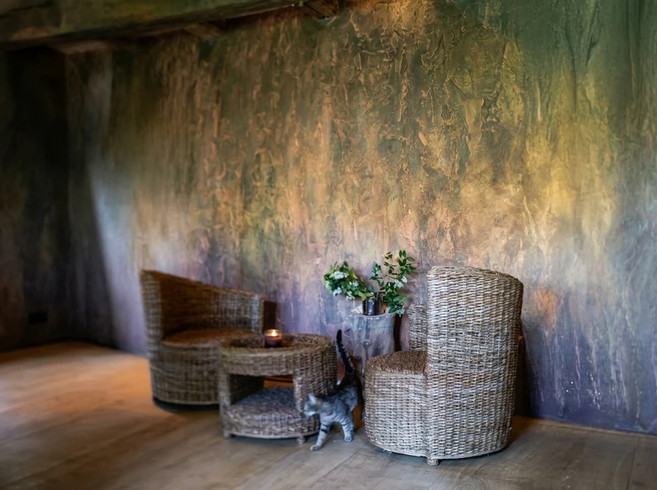 Toilettes modernes dans espace résidentiel avec murs en lambris bois naturel