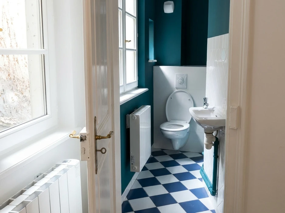 Toilettes modernes dans espace résidentiel avec murs en lambris bois naturel