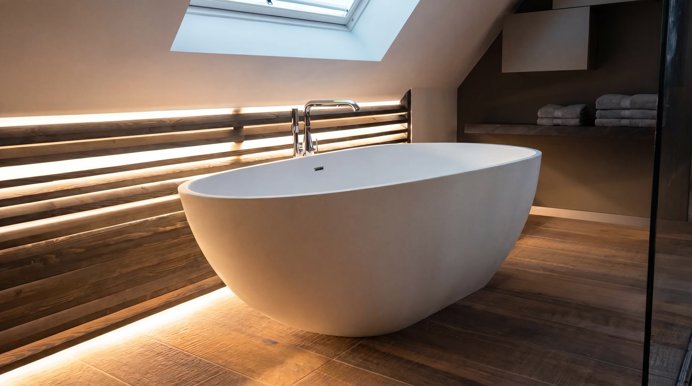 Salle de bain moderne avec baignoire blanche au premier plan, vasque suspendue avec meuble en bois clair, WC suspendu et sèche-serviettes chromé