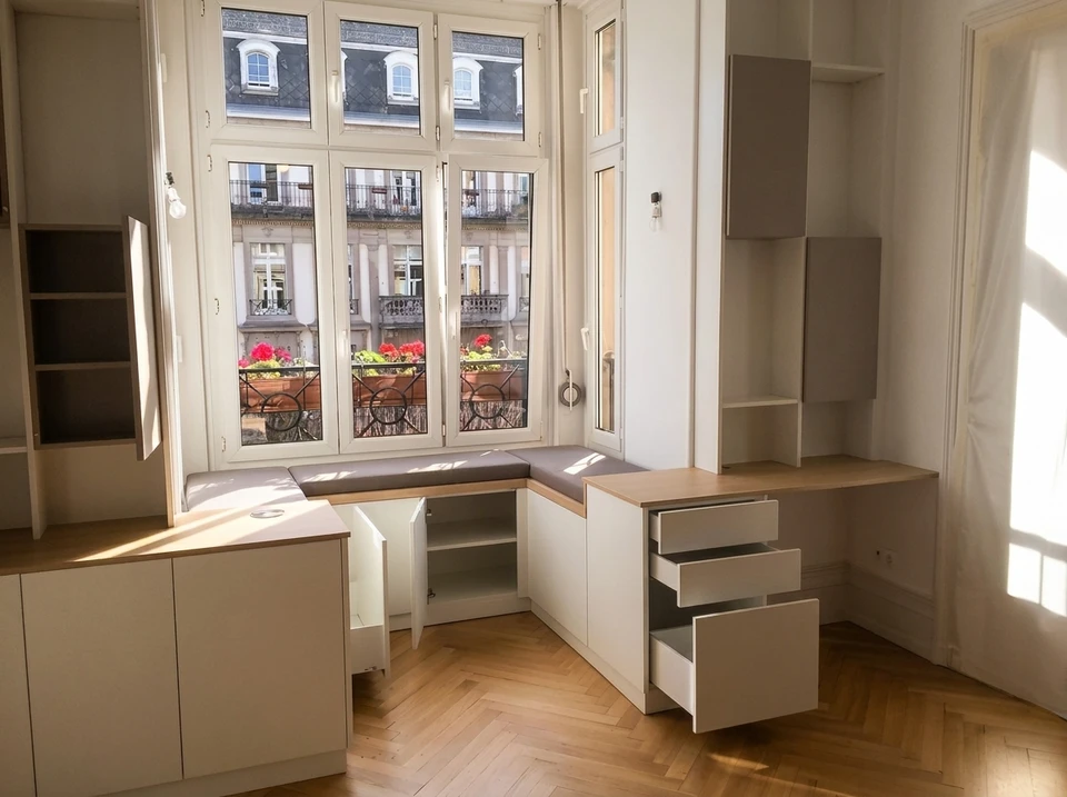 Atelier de menuiserie intérieur, artisan utilisant une scie circulaire électrique pour découper des planches de bois massif